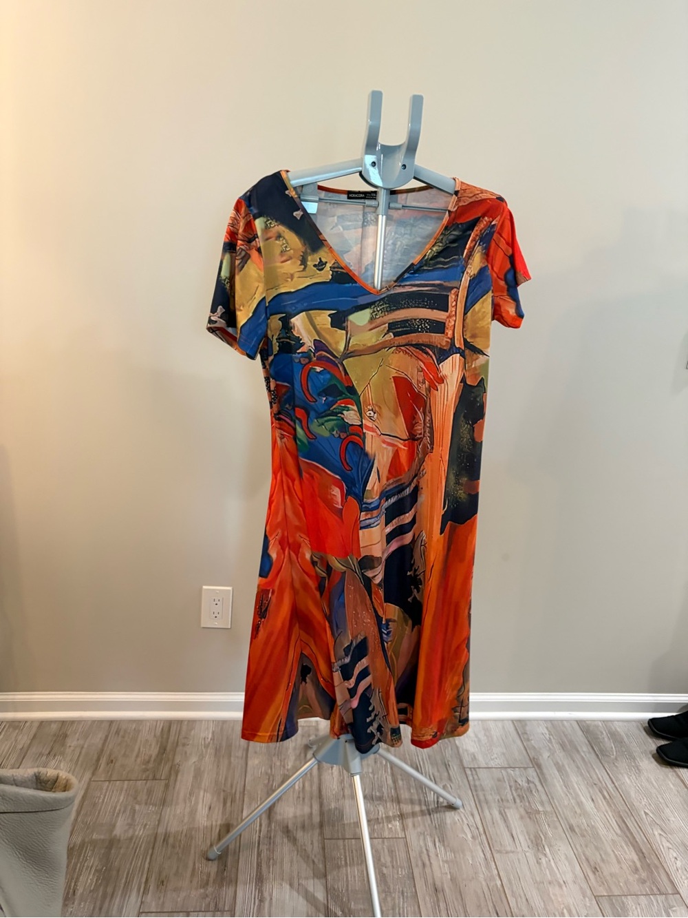 Abstract Print V-Neck Midi Dress in Orange and Blue